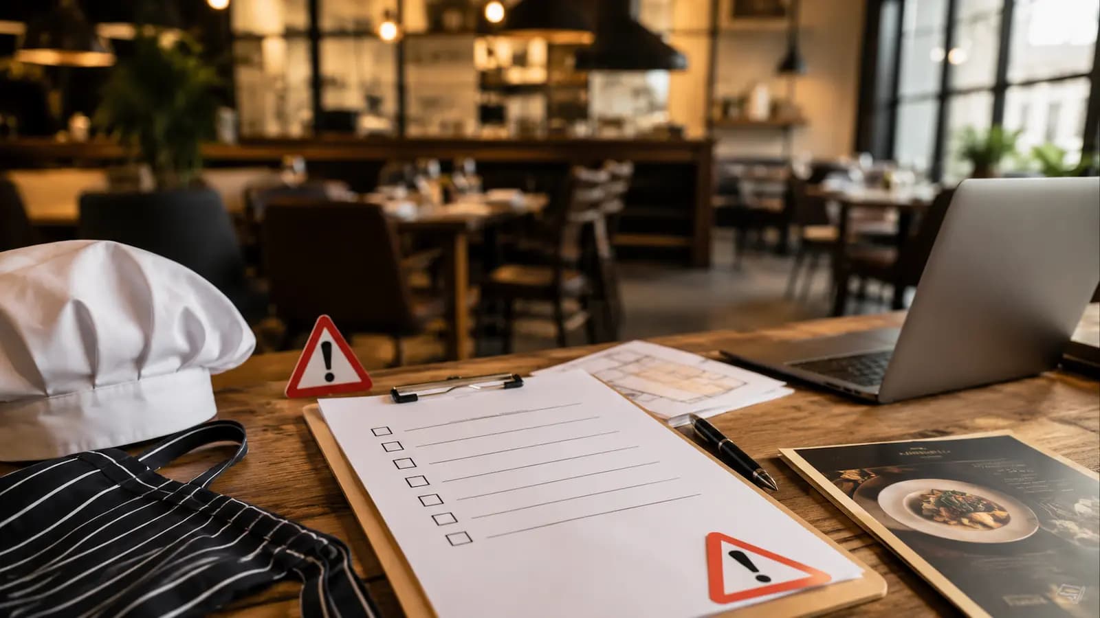 Restaurant opening checklist on a table inside a warm restaurant