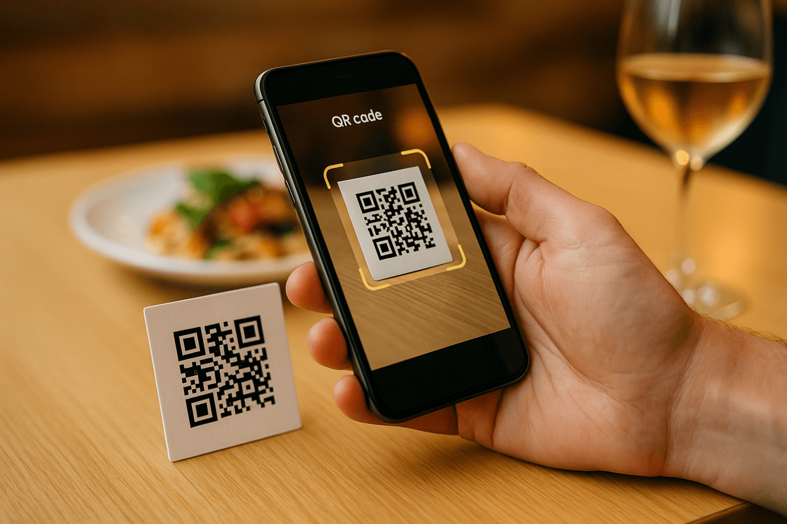 A customer scanning a QR code menu on a restaurant table with their smartphone