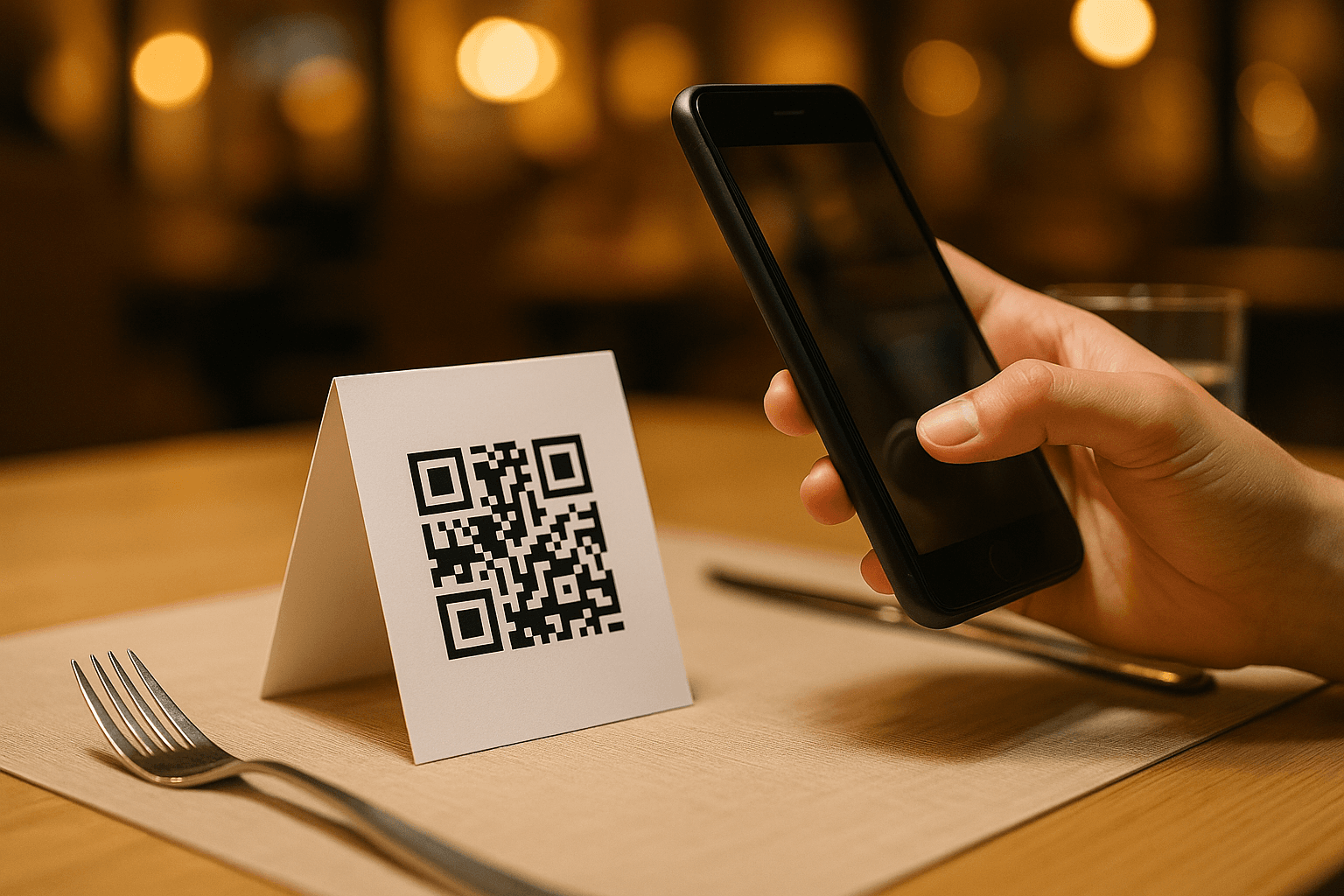 A QR code table tent on a restaurant table with a smartphone scanning it