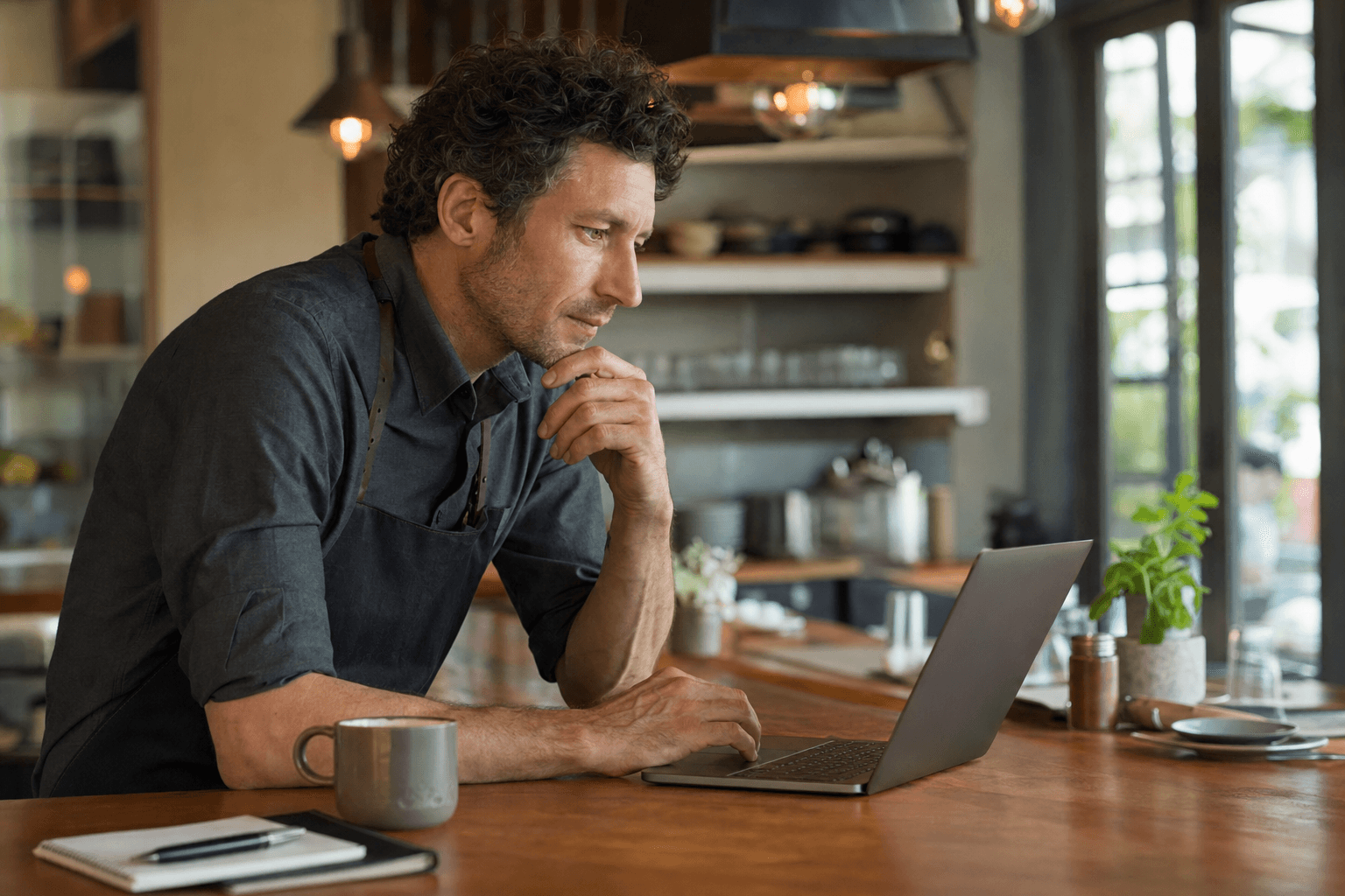 Restaurant owner reviewing local search results on a laptop at a wooden counter