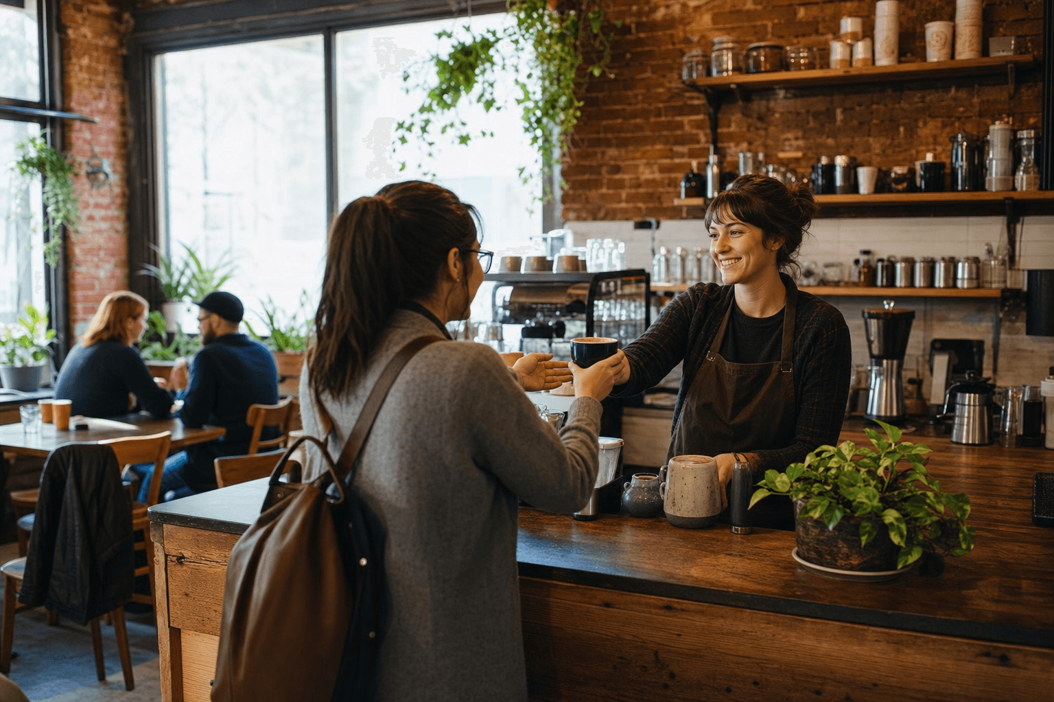 A barista handing a coffee to a regular customer inside a cozy, warmly lit independent coffee shop