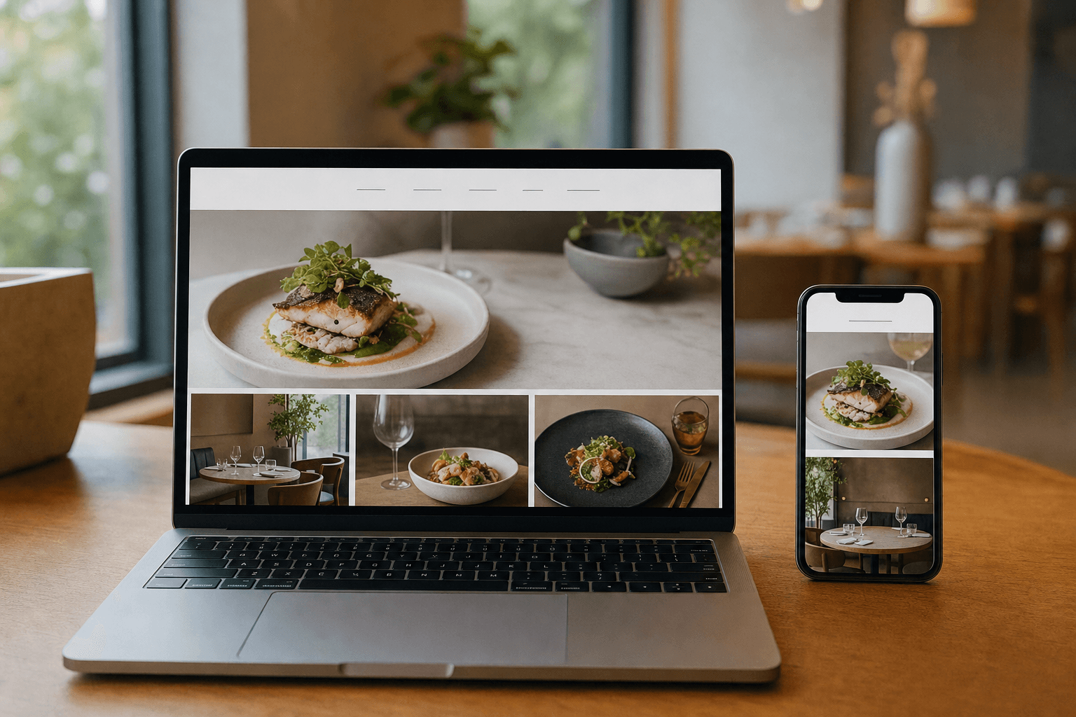 A modern restaurant website displayed on a laptop and smartphone, showing a clean menu page and contact details