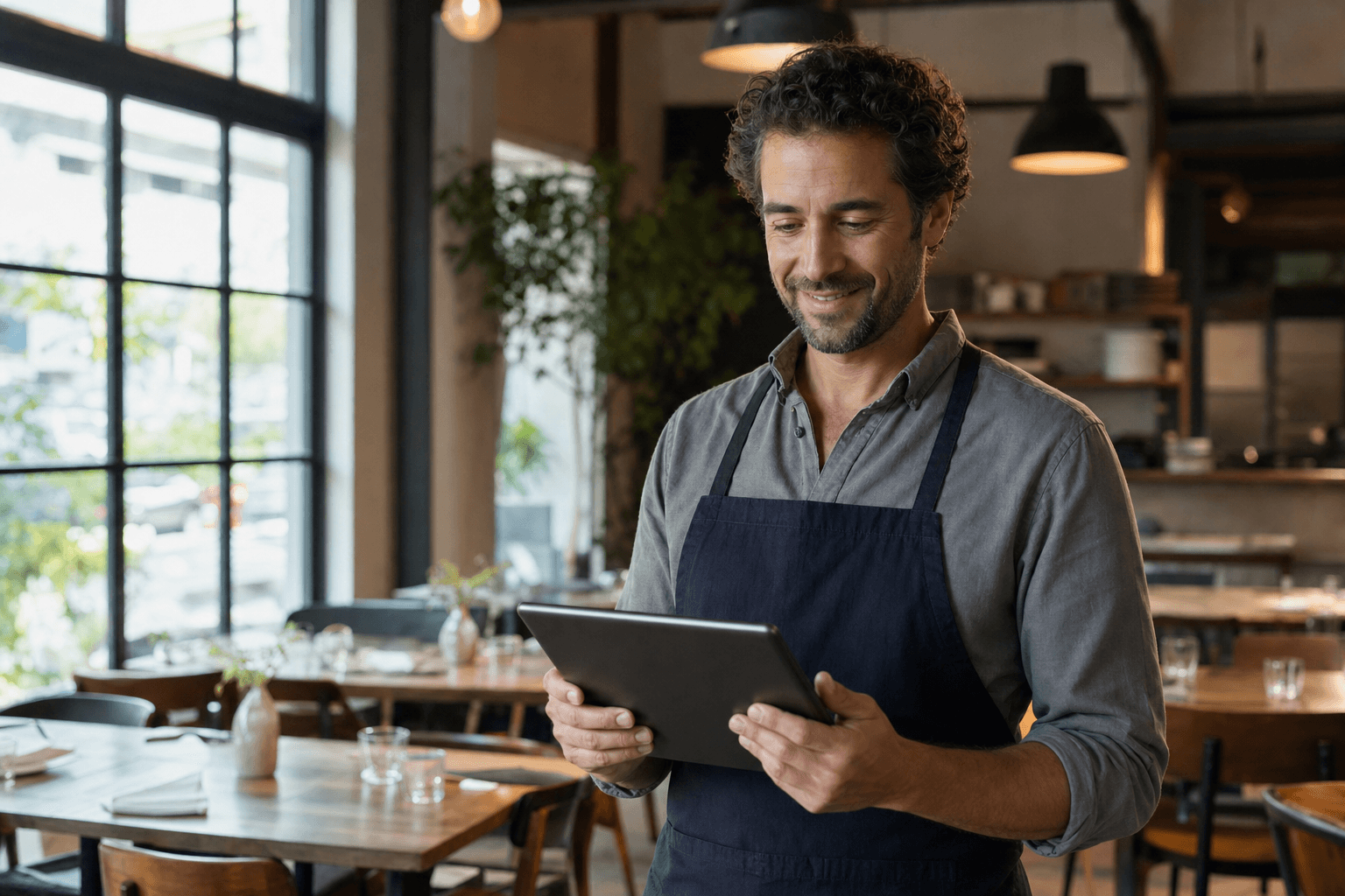 A smiling restaurant owner checking Google reviews on a tablet at the front counter