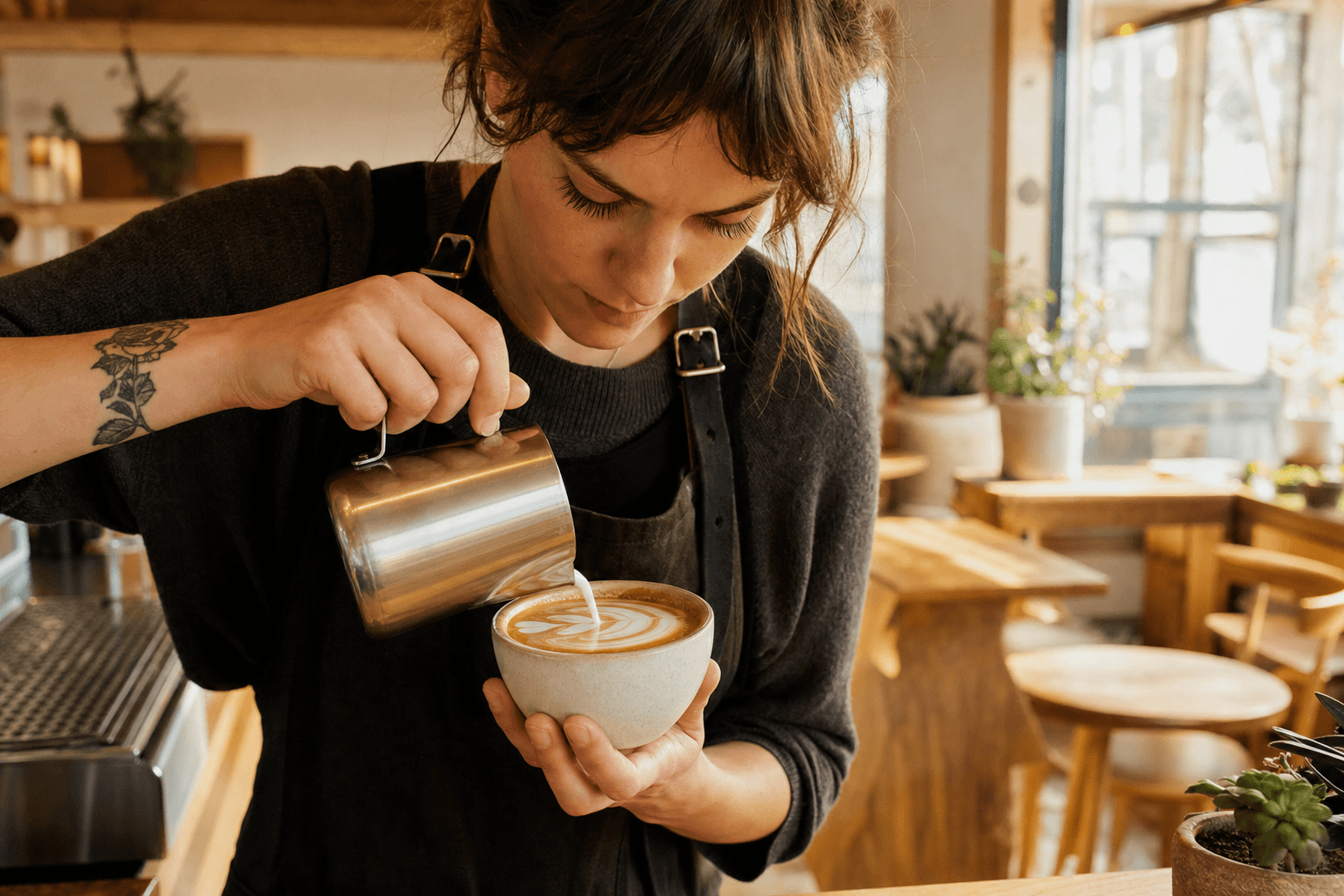 A barista pouring latte art in a warmly lit, quiet cafe during a slow morning