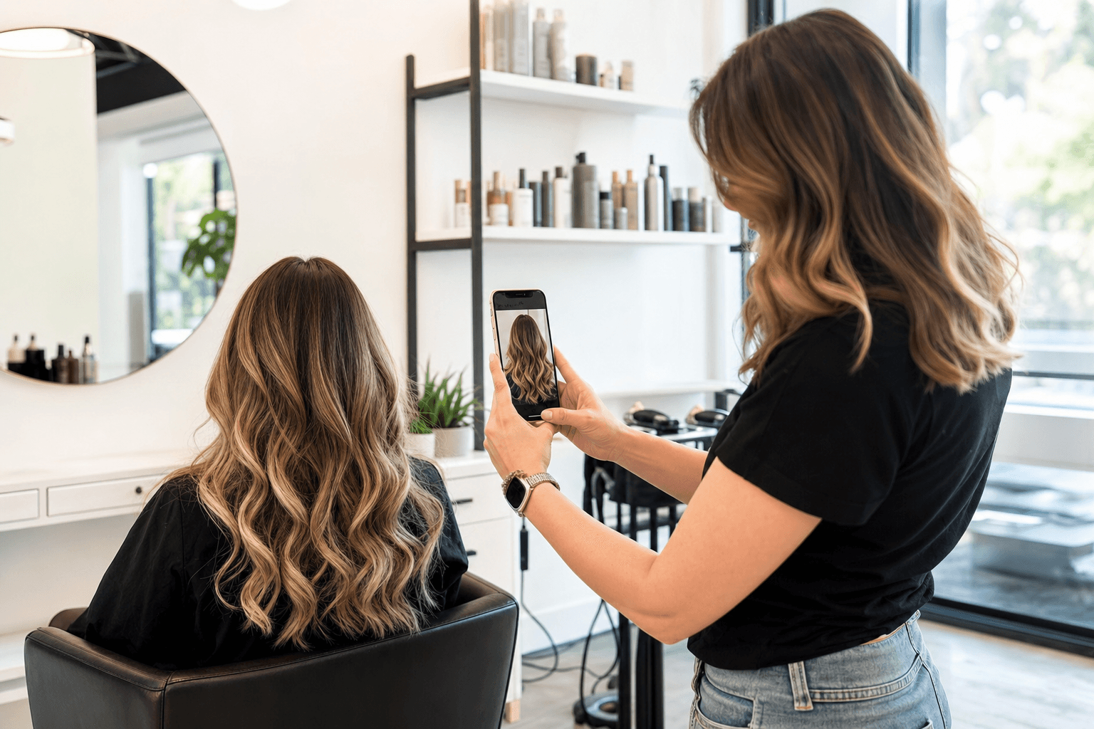 A hair stylist photographing a client's fresh blowout transformation in a bright, modern salon