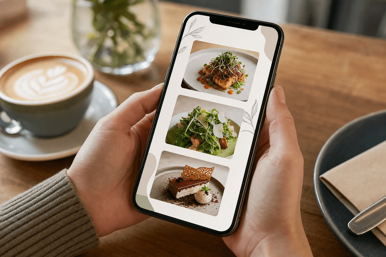 A customer browsing a clean, well-designed restaurant menu page on a smartphone at a cafe table