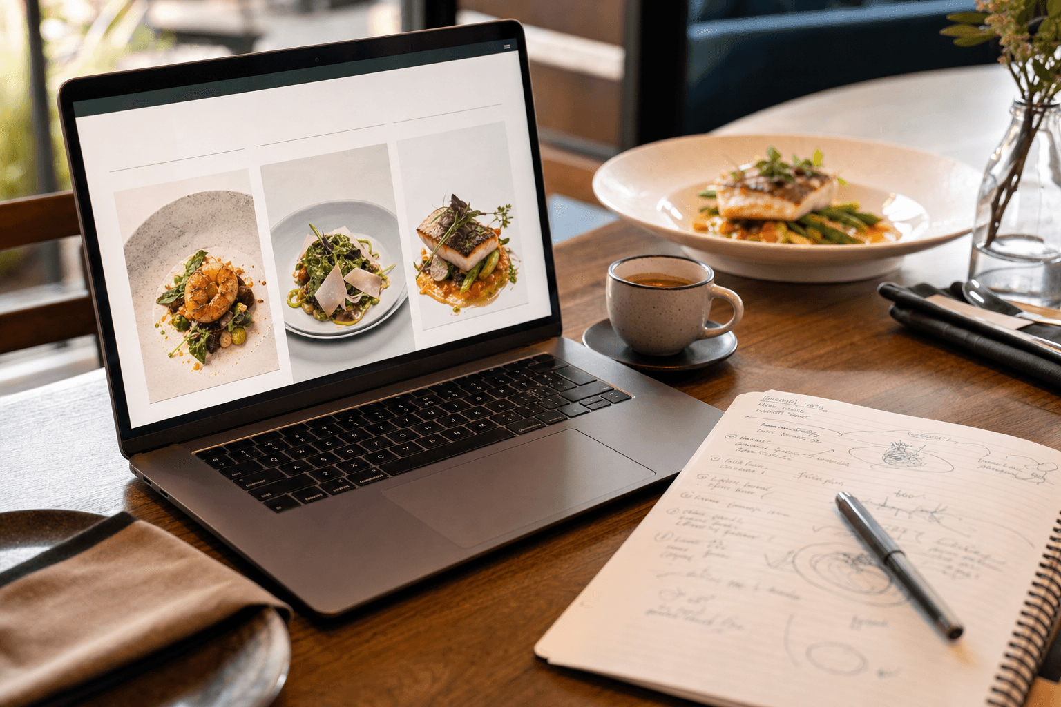 A restaurant owner writing menu descriptions on a laptop next to a beautifully plated dish