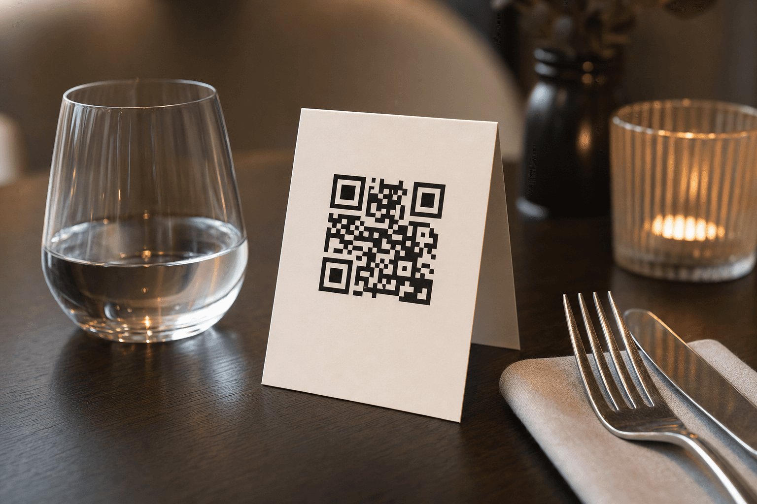 A clean, modern restaurant table with a printed QR code table tent next to a glass of water and cutlery