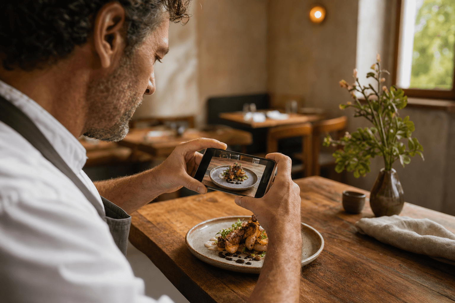 A restaurant owner photographing a beautifully plated dish on a wooden table for Instagram