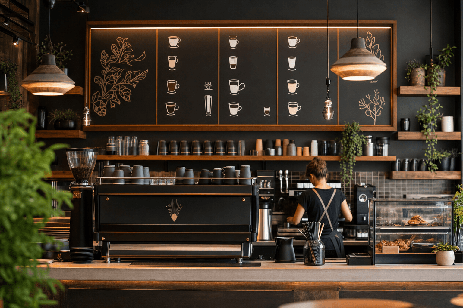 A well-designed coffee shop menu board displayed above an espresso bar with warm lighting and a clean, modern aesthetic