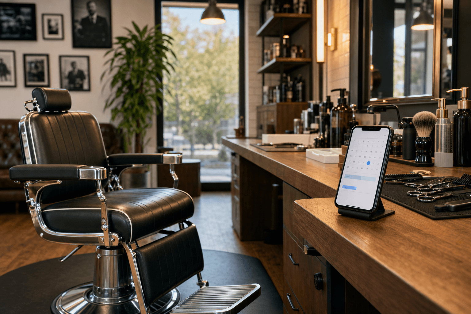 A clean, modern barbershop interior with an empty barber chair next to a phone showing a booking confirmation message