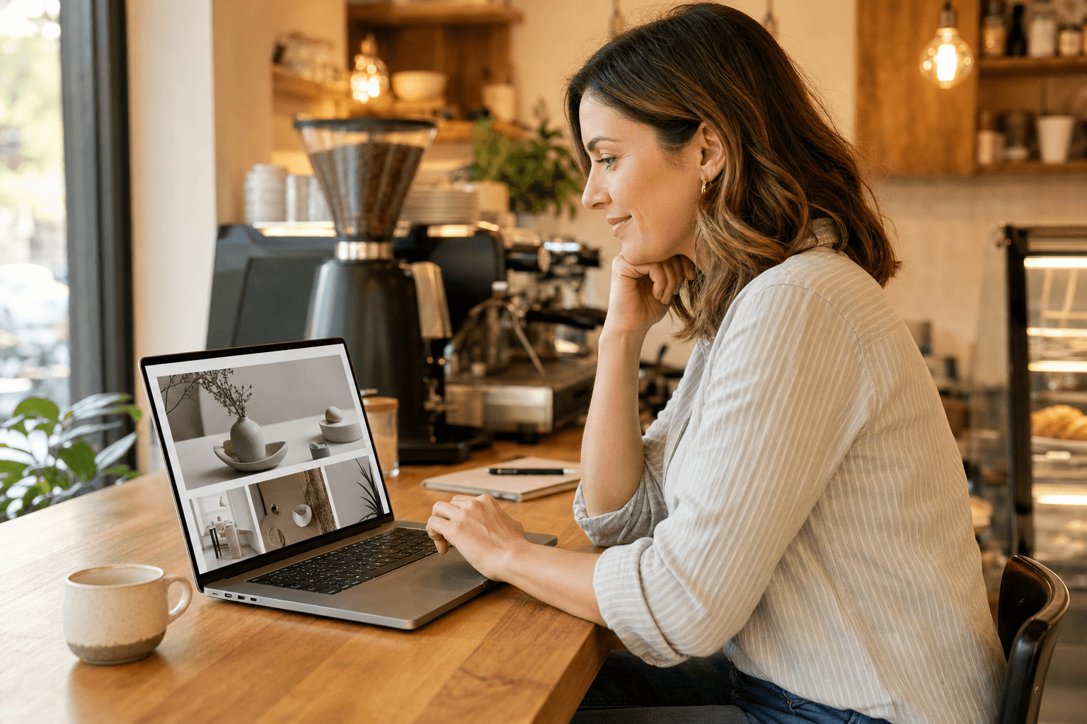 A cafe owner reviewing their business website on a laptop at a clean wooden counter