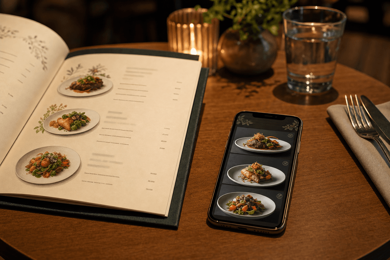 Side-by-side comparison of a printed restaurant menu and a digital menu on a smartphone at a restaurant table