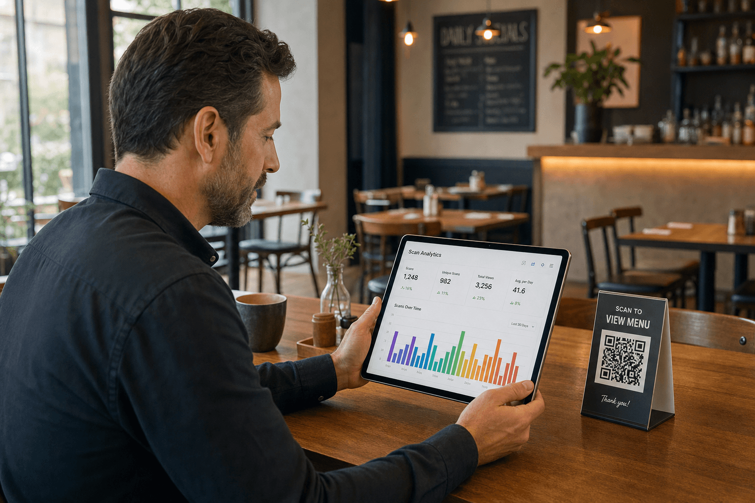 Restaurant owner reviewing QR code menu scan analytics on a tablet at a table