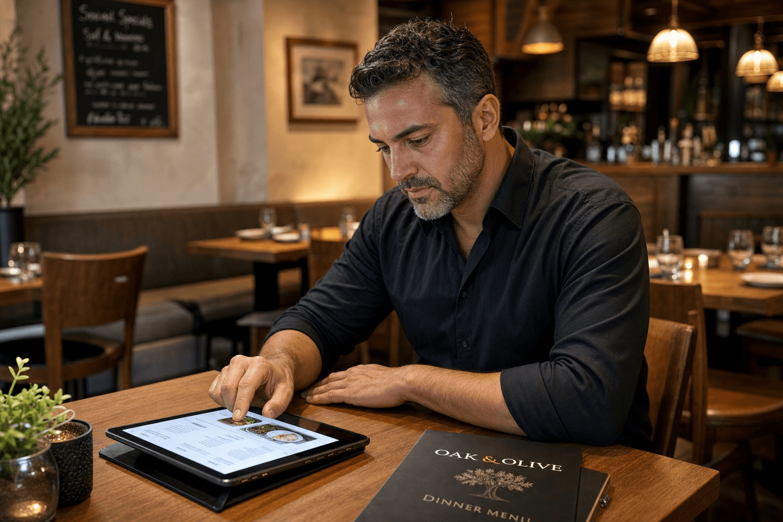 A restaurant owner reviewing and updating their menu on a tablet at a wooden table