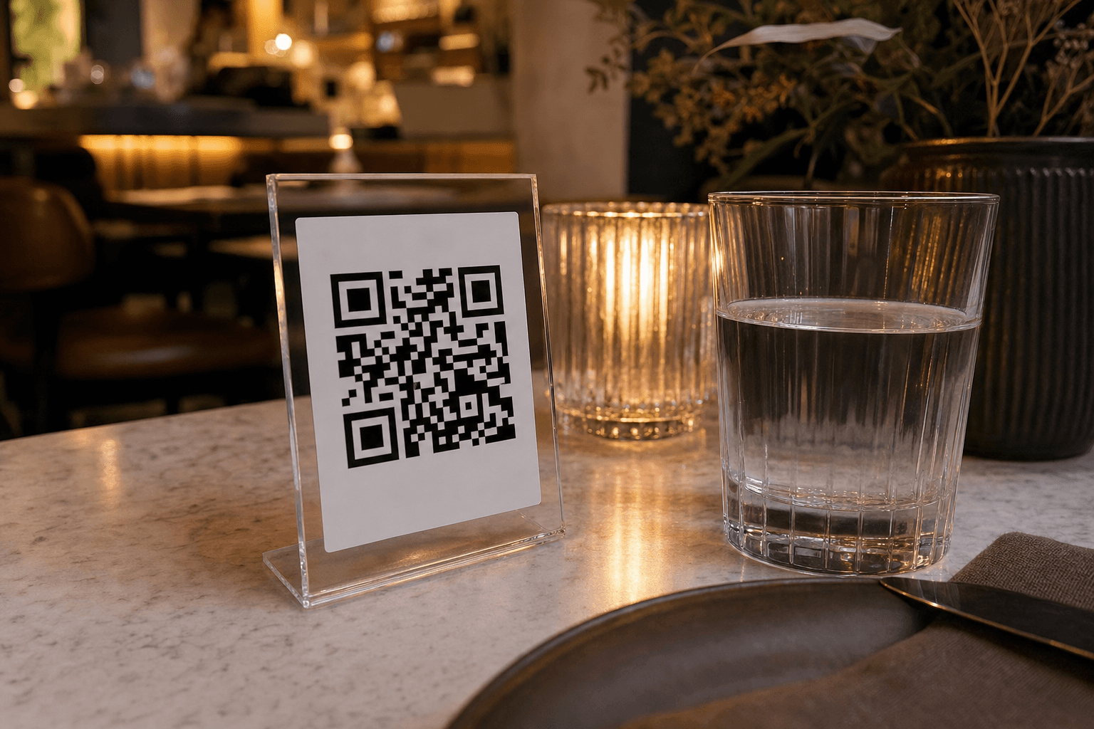 A restaurant table with a QR code stand next to a glass of water and a candle, shot in warm ambient light