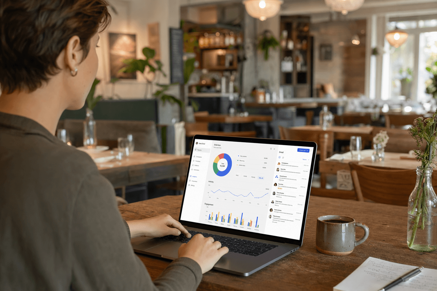 A restaurant owner reviewing email marketing results on a laptop at a wooden table with a coffee cup nearby