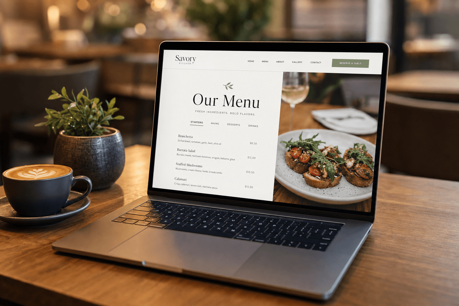 A modern restaurant website displayed on a laptop with the menu prominently featured on the screen