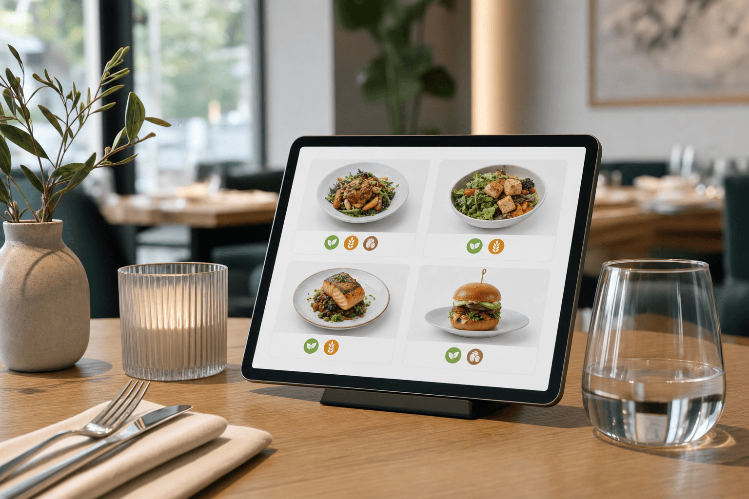 A clean restaurant menu displayed on a tablet showing colorful allergen and dietary icons next to menu items