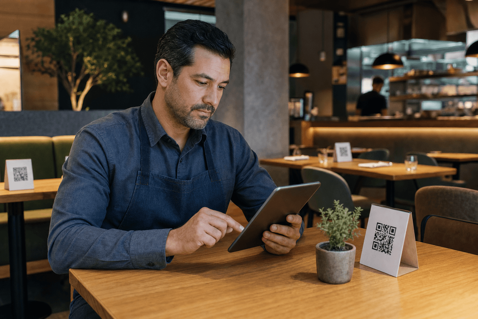 Restaurant owner updating a digital menu on a tablet while QR code table tents sit on nearby tables