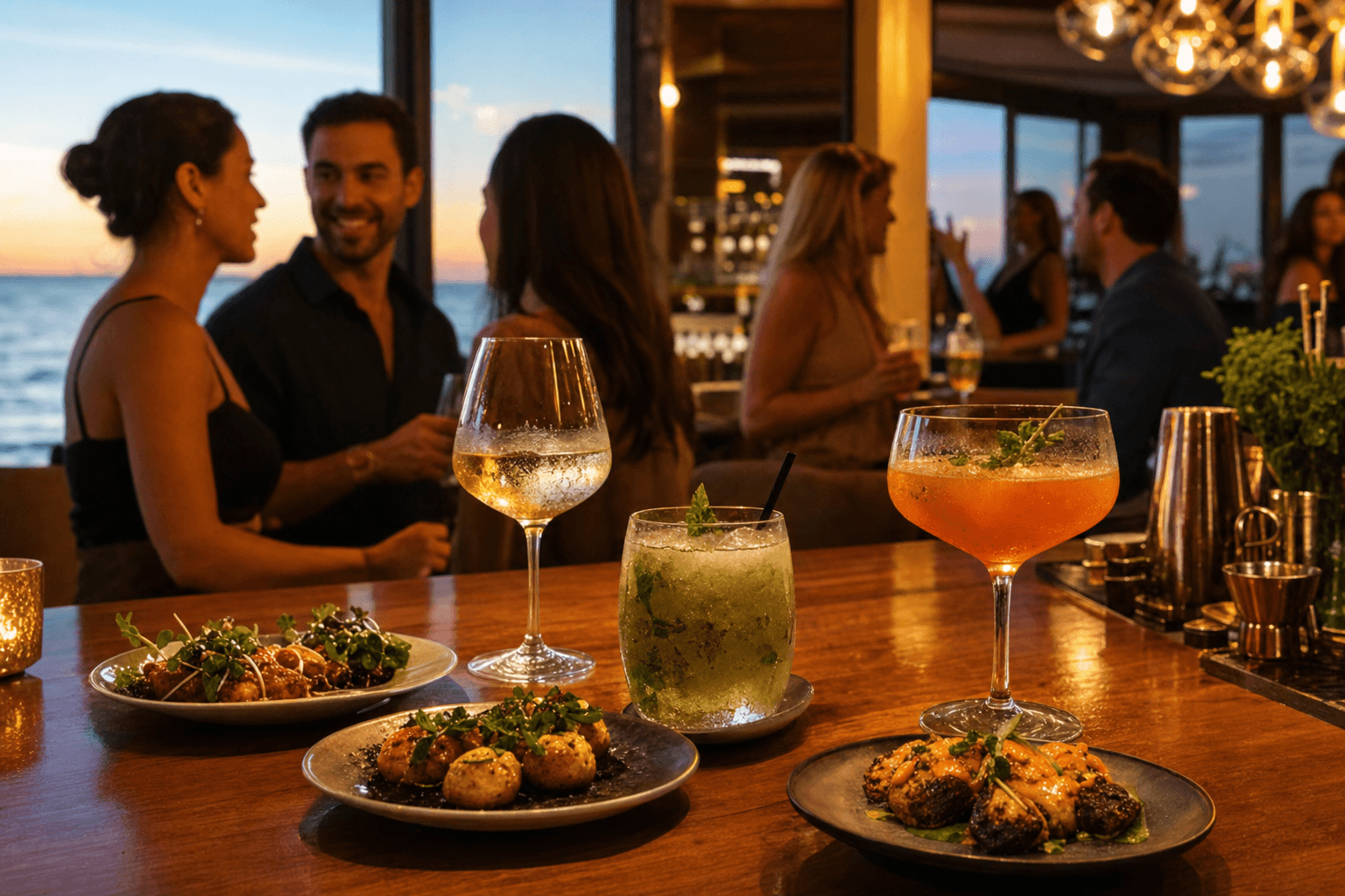 A busy bar and restaurant during happy hour with drinks and small plates on the counter and guests socializing