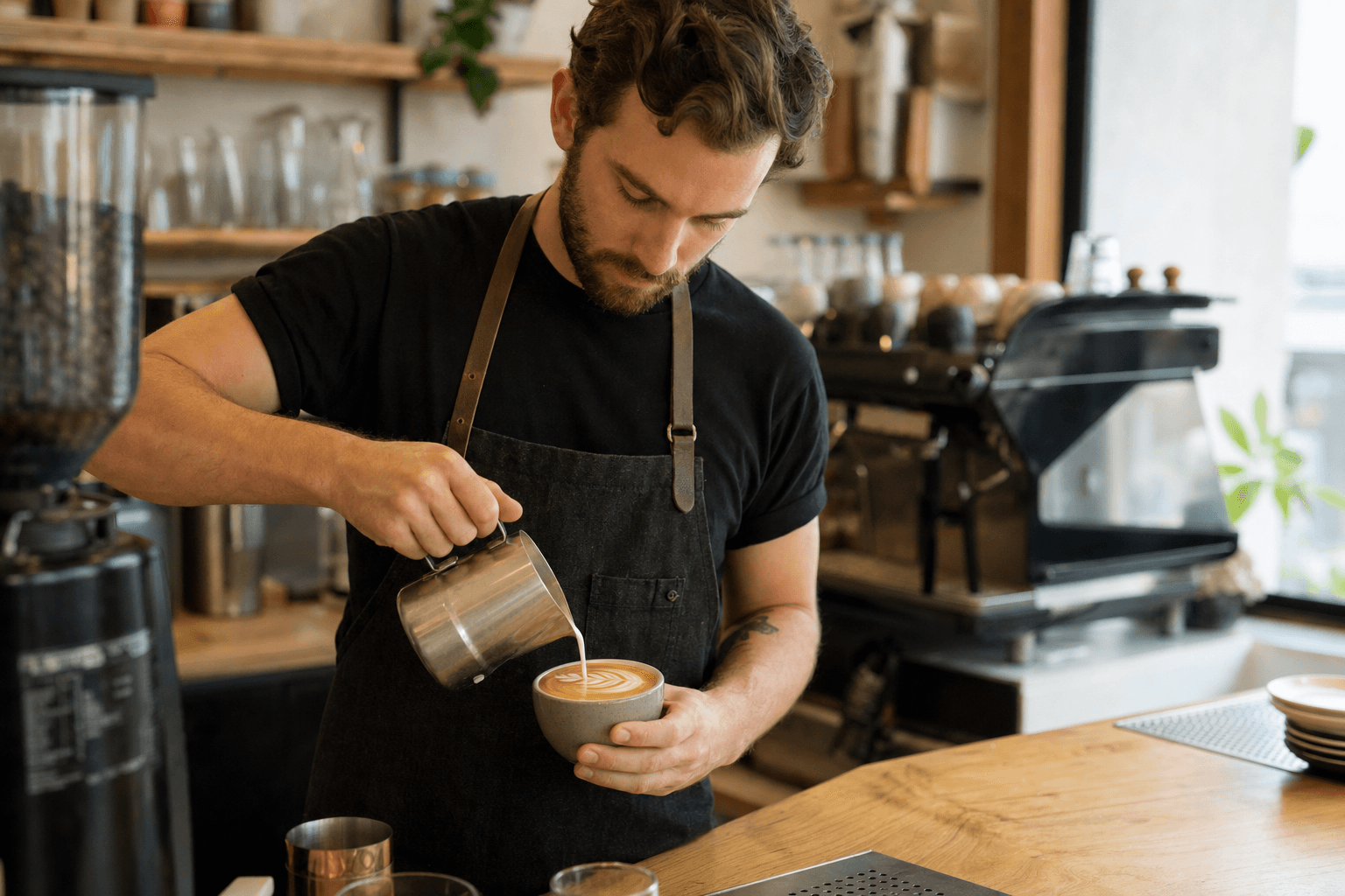 A barista carefully pouring a latte art design into a ceramic cup on a wooden cafe counter