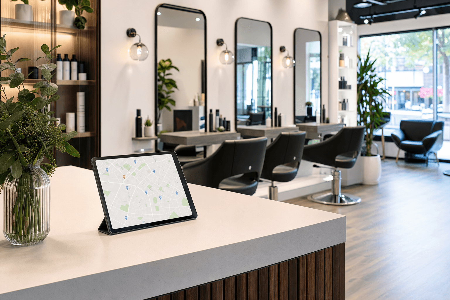 A modern hair salon interior with a tablet showing a Google Maps search result on the front desk