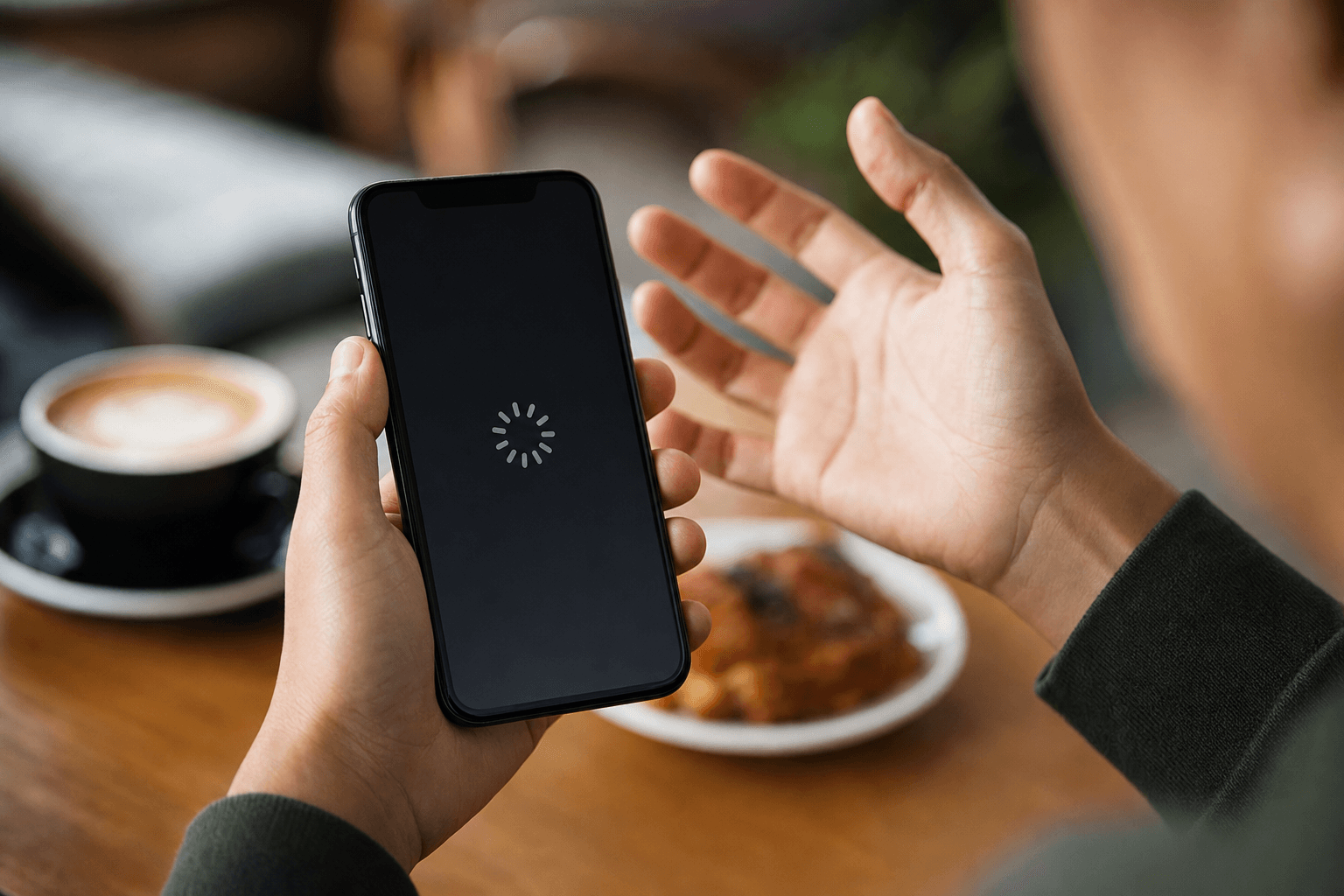 A person on a smartphone looking frustrated waiting for a restaurant website to load