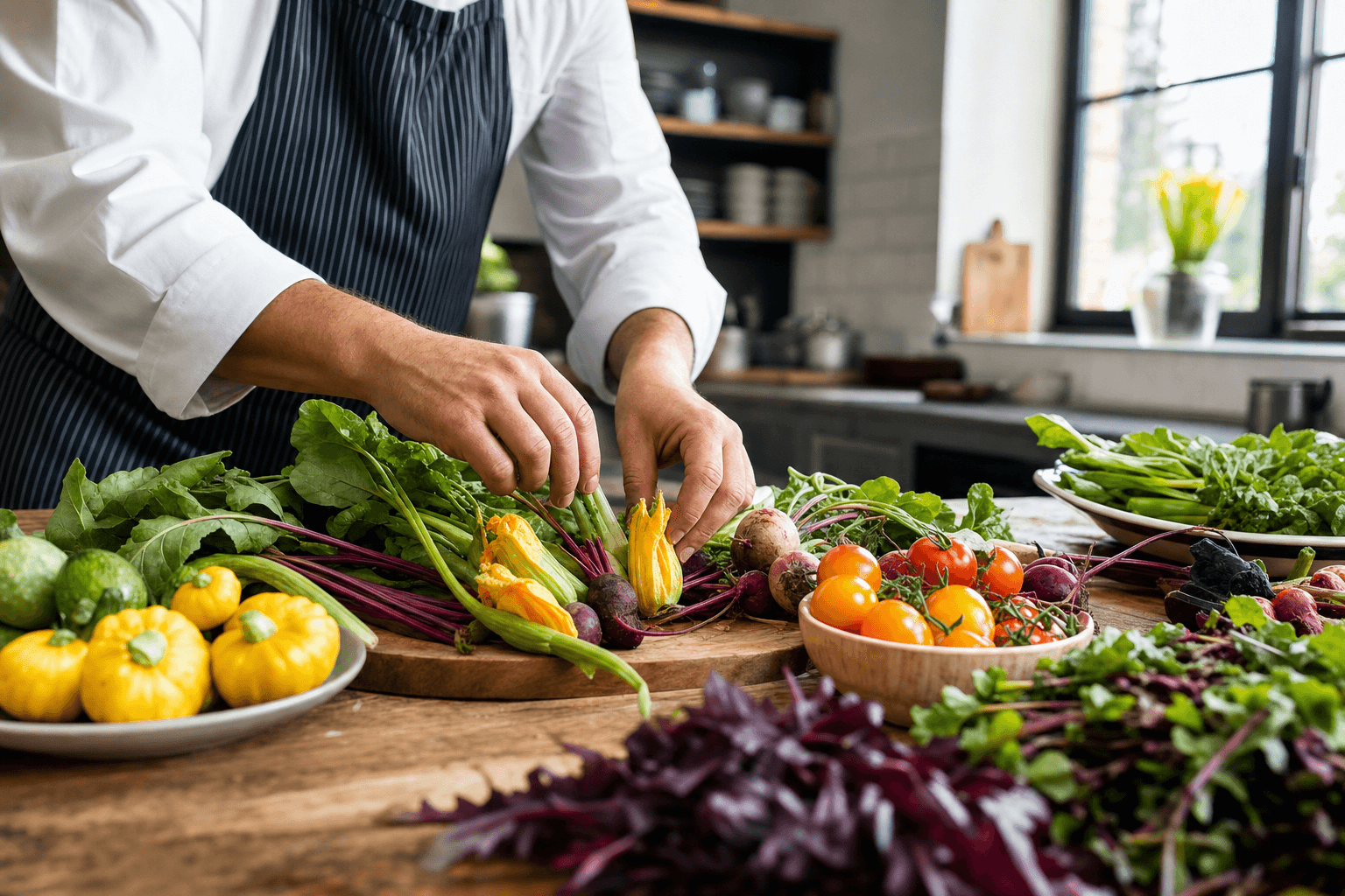 A chef arranging fresh seasonal vegetables on a wooden table in a restaurant kitchen