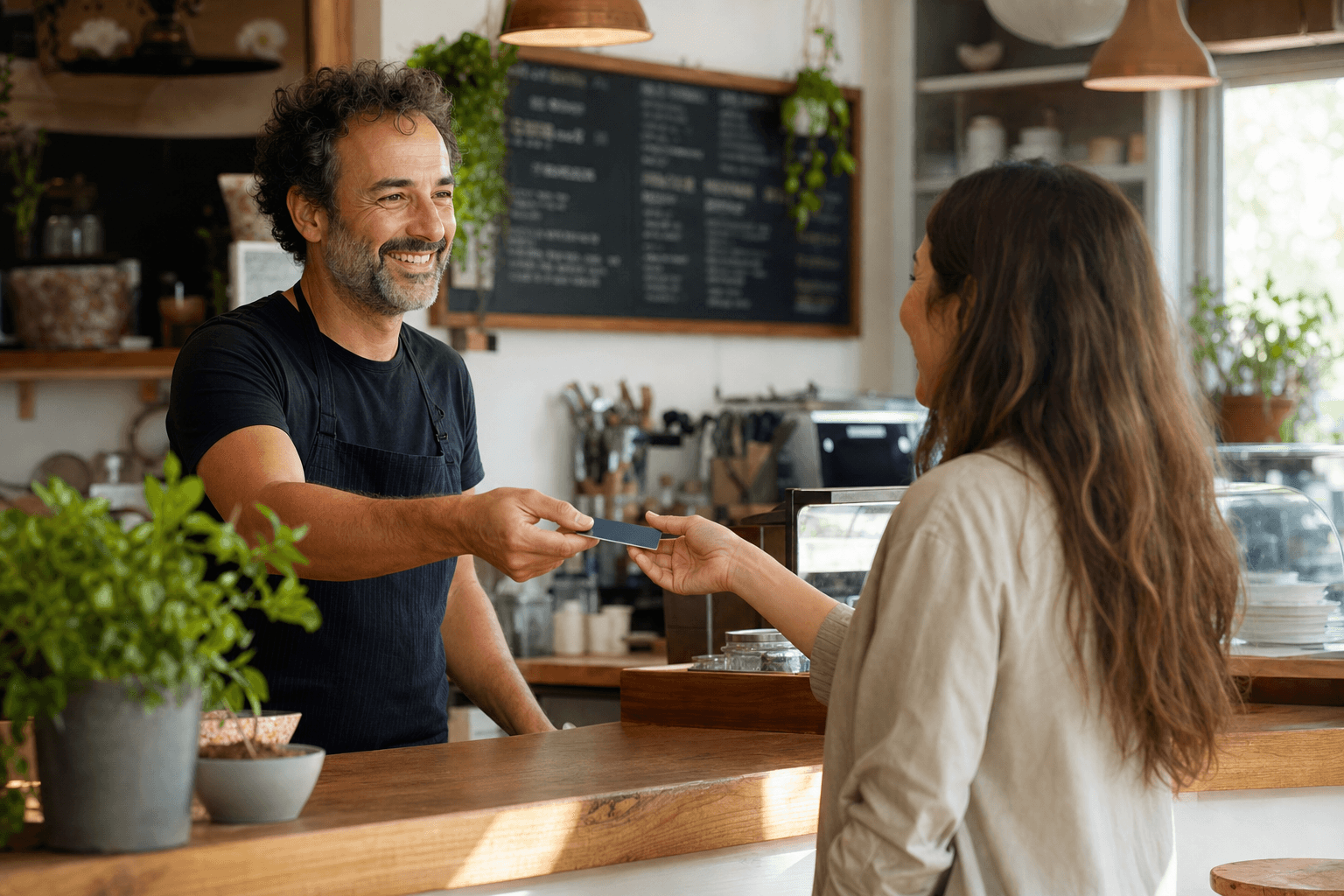 A smiling restaurant owner handing a loyalty card to a happy regular customer at a cozy neighborhood restaurant counter