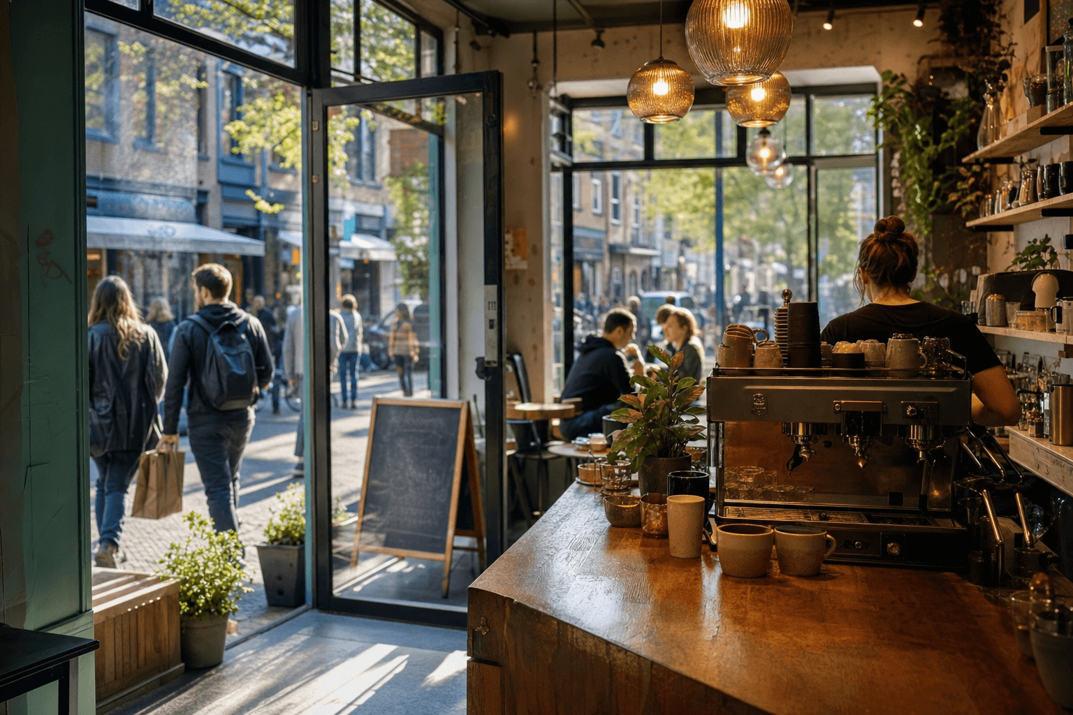 A cozy independent cafe storefront on a busy neighborhood street with a chalkboard sign and warm lighting inside