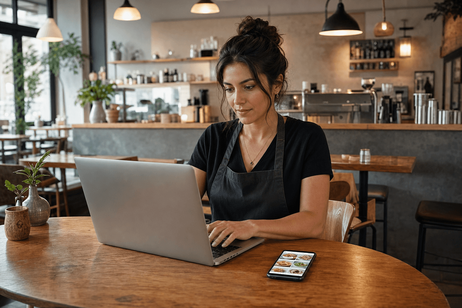 A restaurant owner on a laptop connecting their digital menu to their website at a wooden café table