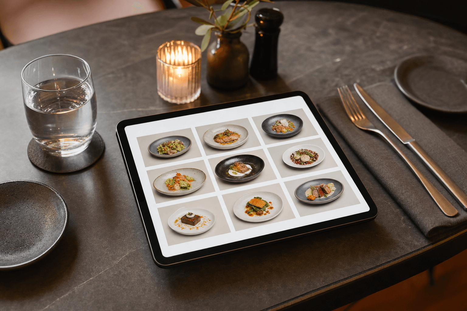 A restaurant menu displayed on a tablet with neatly organized categories, surrounded by a warmly lit dining table setting