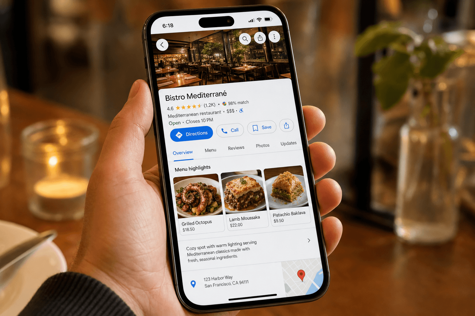 A smartphone displaying a restaurant's Google Business Profile with a menu link visible on Google Maps