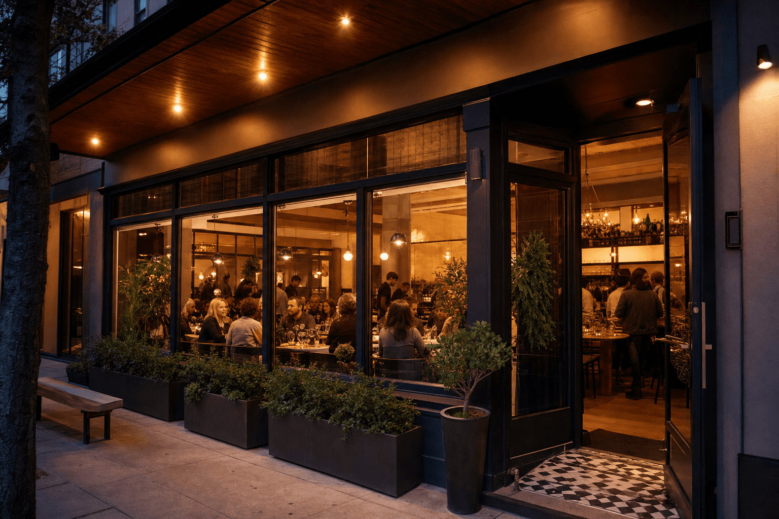A bustling restaurant grand opening with guests at tables, warm lighting, and a welcoming storefront