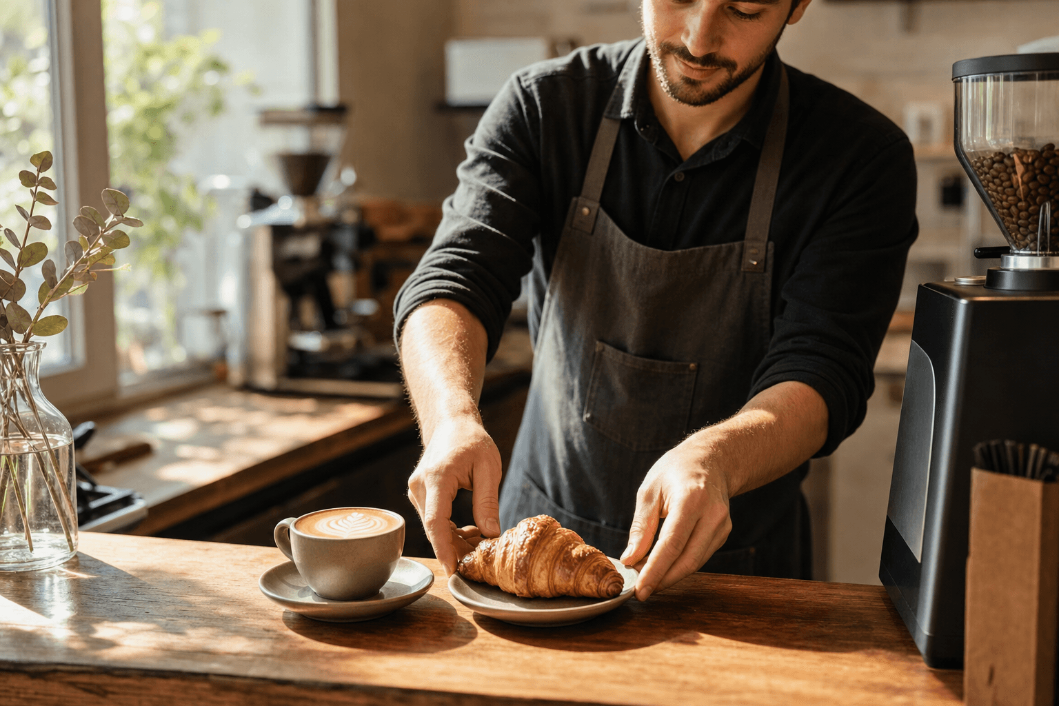 Barista placing a croissant beside a latte on a wooden cafe counter