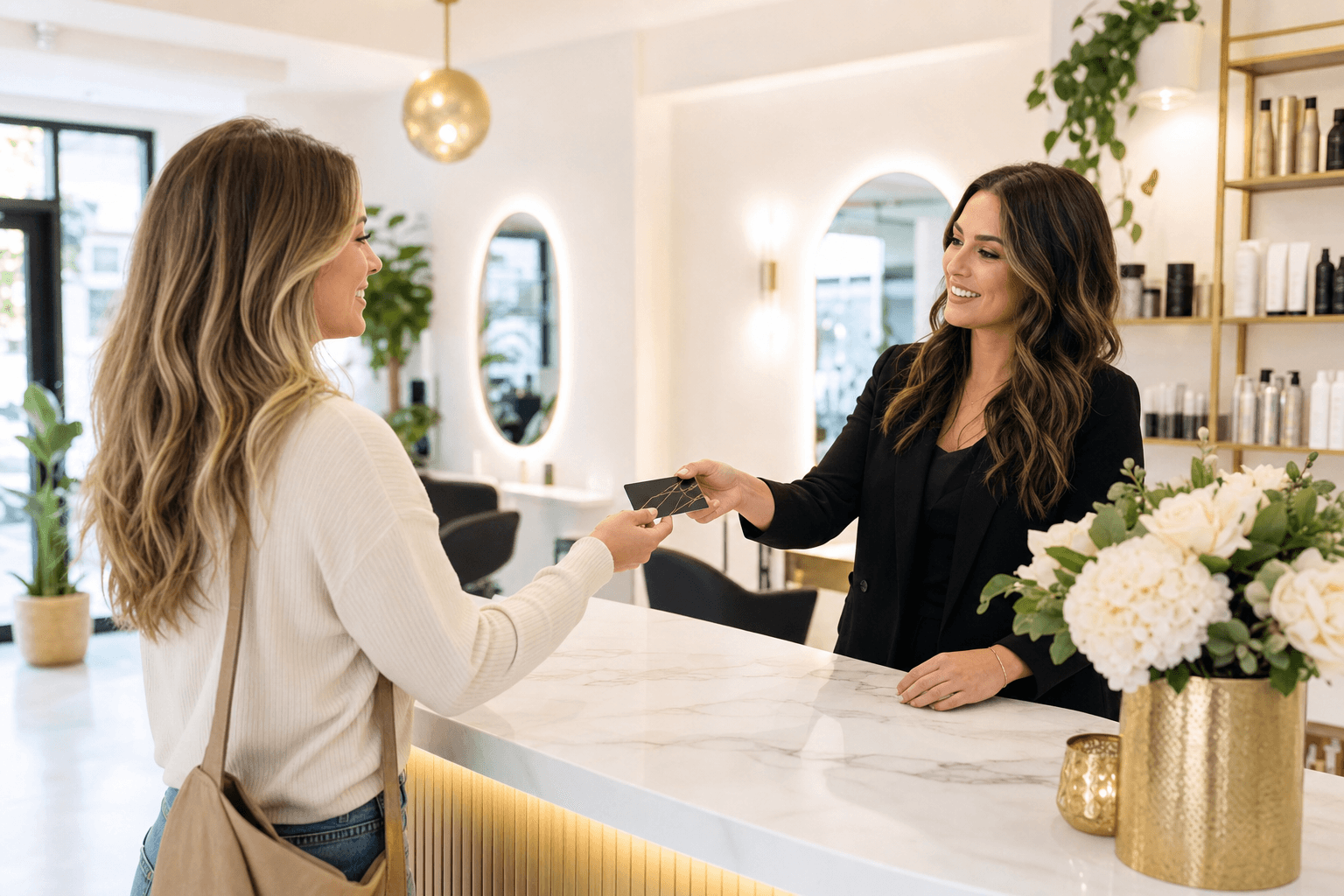 Smiling stylist handing a loyalty card to a happy client at a modern hair salon reception desk