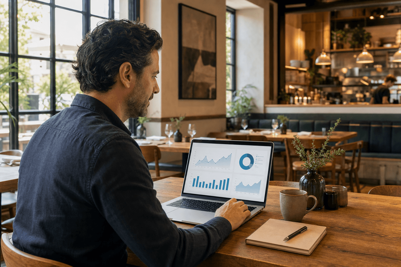 A restaurant owner reviewing their website analytics on a laptop at an empty dining table
