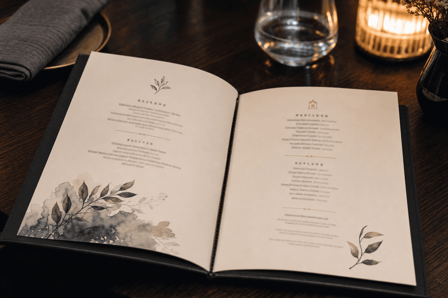Close-up of a well-designed restaurant menu with elegantly priced dishes on a wooden table