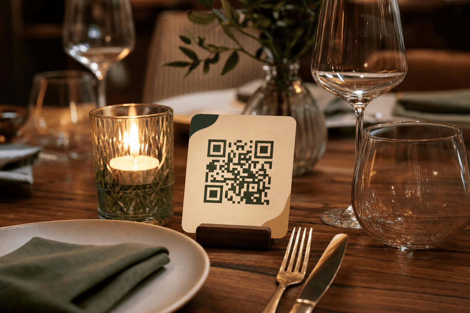 A stylish restaurant table with a custom branded QR code menu card beside a candle and wine glasses