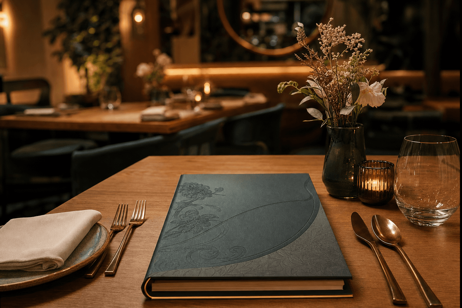 A beautifully designed restaurant menu laid on a wooden table next to a small vase of flowers and a glass of water