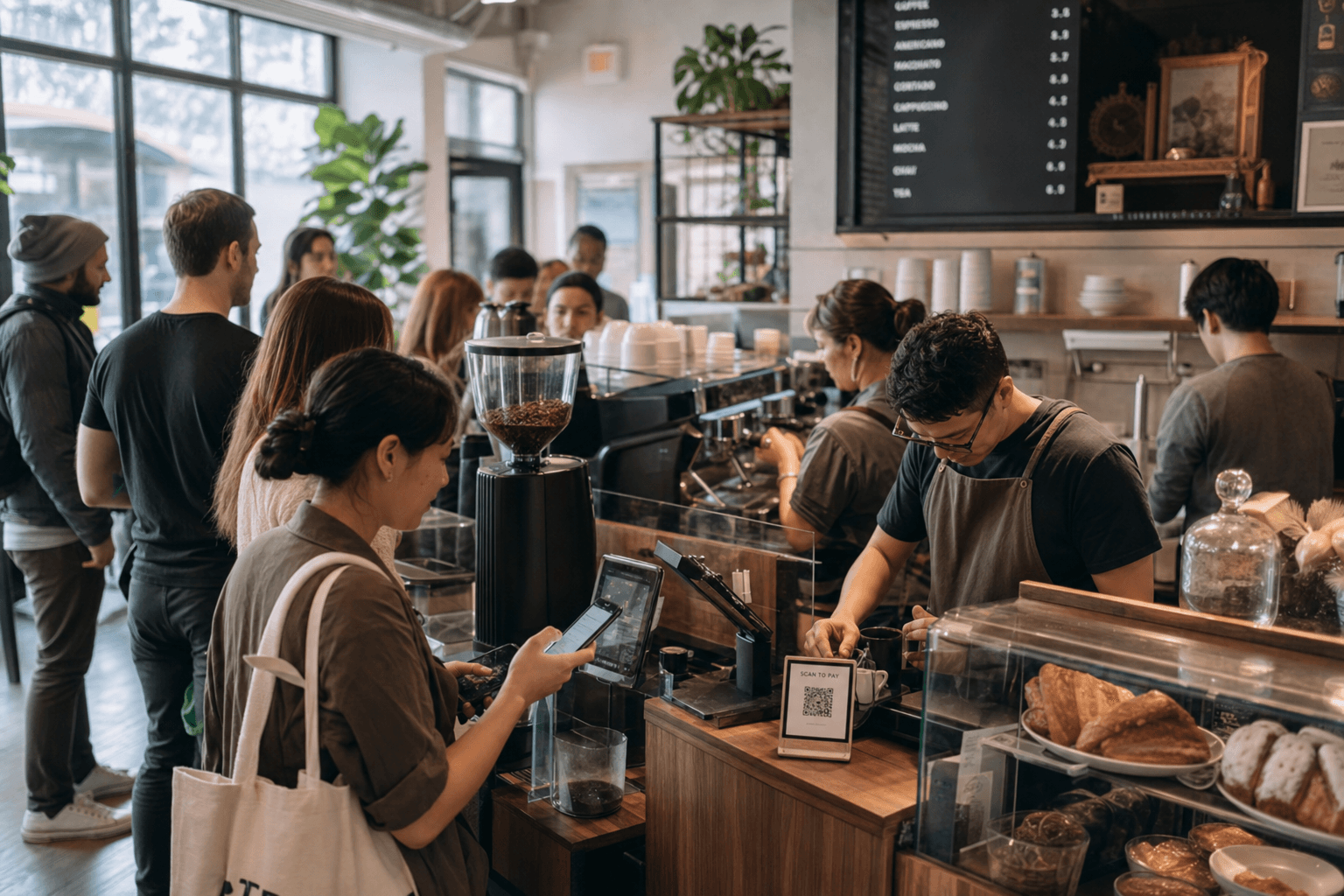 Busy cafe counter during morning rush with customers scanning QR codes on their phones