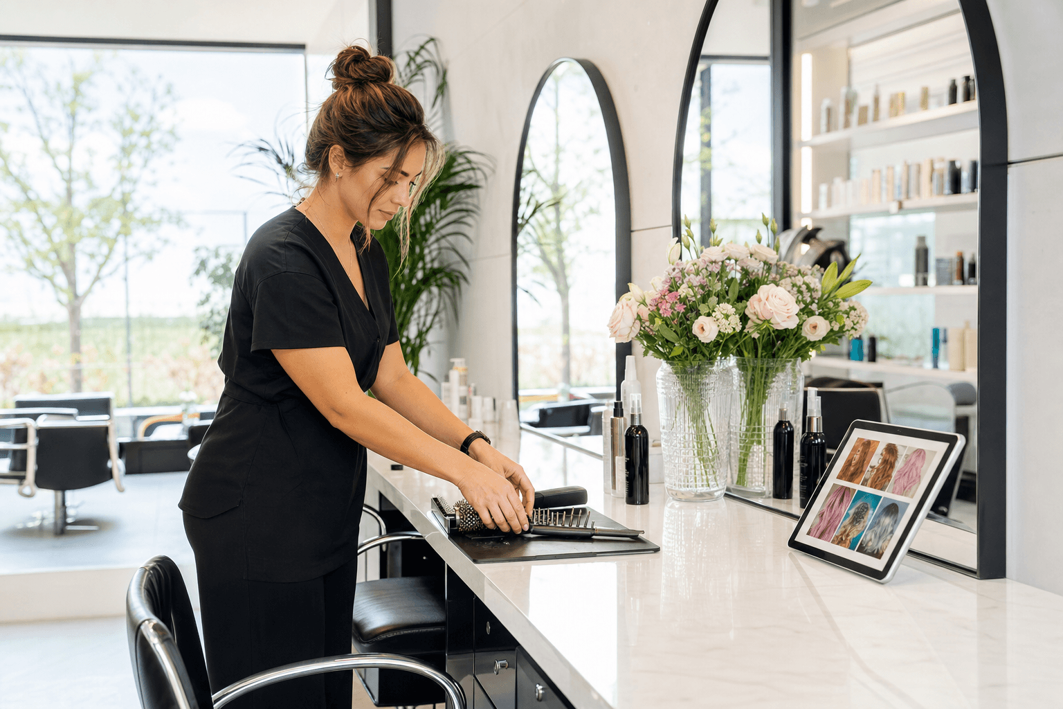A bright, modern hair salon interior with a stylist preparing their station, fresh flowers on the counter, and a tablet displaying a digital service menu.