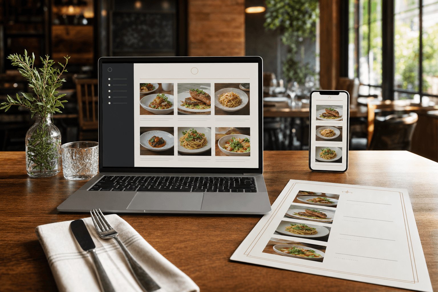 A restaurant owner on a laptop converting a printed paper menu into a digital menu displayed on a smartphone