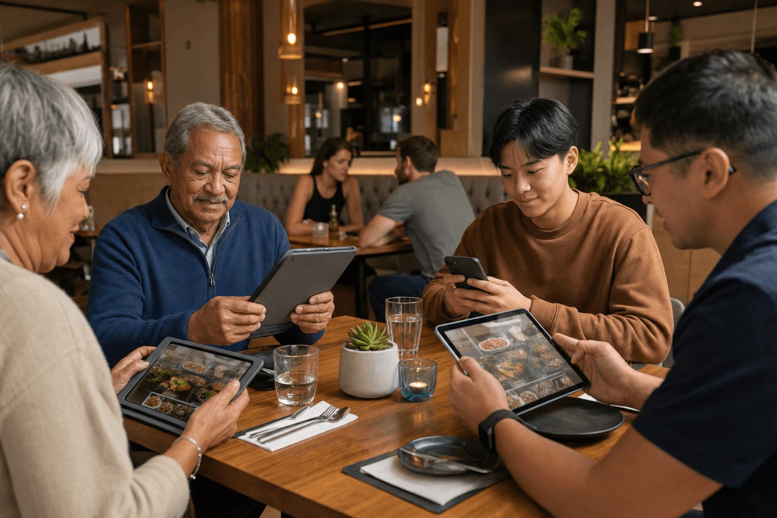 A diverse group of restaurant guests using phones and tablets to browse a digital menu at a well-lit table