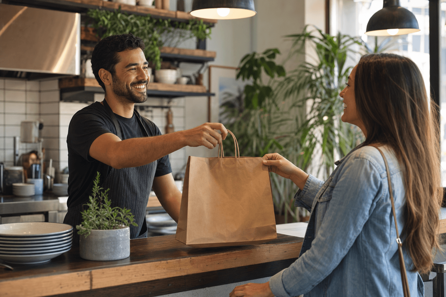Restaurant owner handing a takeout bag directly to a customer at the counter, bypassing delivery apps