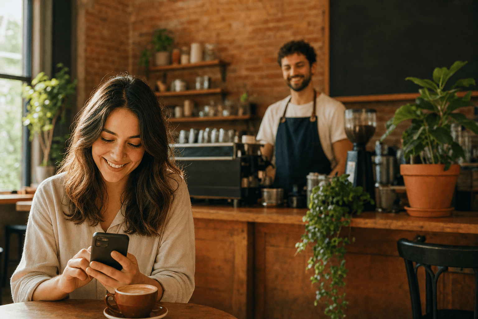 A barista at an independent cafe smiling while a customer checks their phone, suggesting a friendly digital connection between the cafe and its regulars.