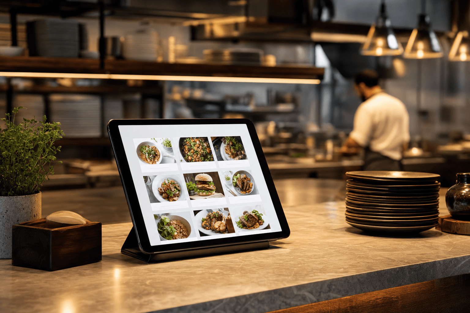 A restaurant owner reviewing online orders on a tablet next to a kitchen counter