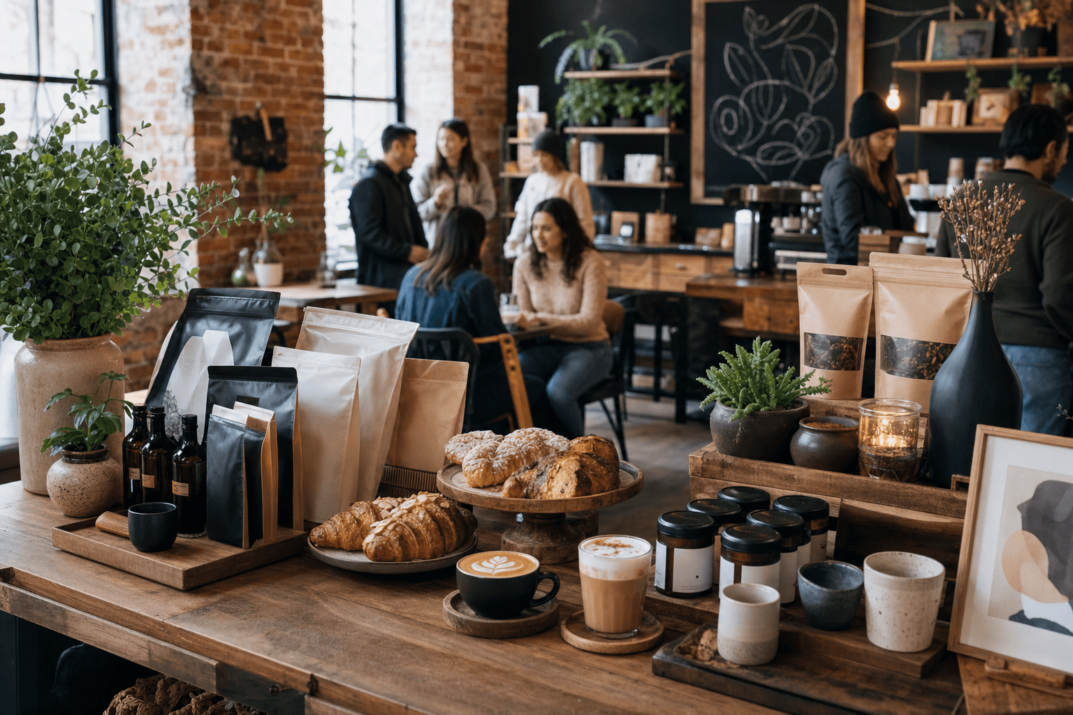 A busy indie cafe pop-up event with customers gathered around a beautifully styled coffee bar and collab products on display