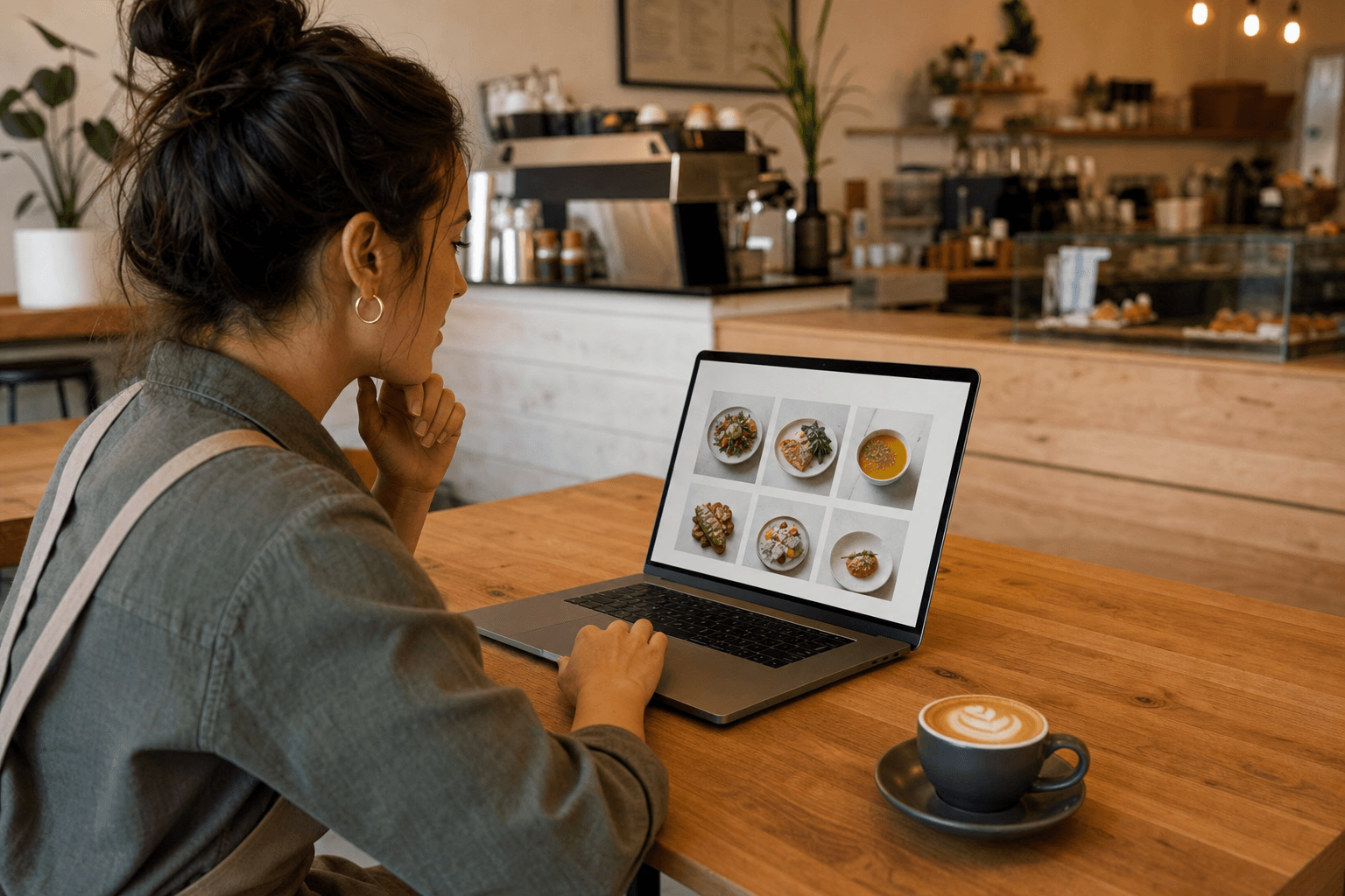 A cafe owner reviewing their hosted menu page on a laptop next to a coffee cup, with a warm, modern interior in the background.